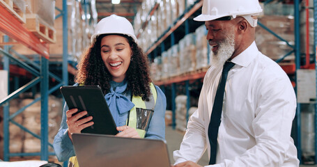 Distribution, supply chain and people in warehouse, tablet and online schedule for shipping....