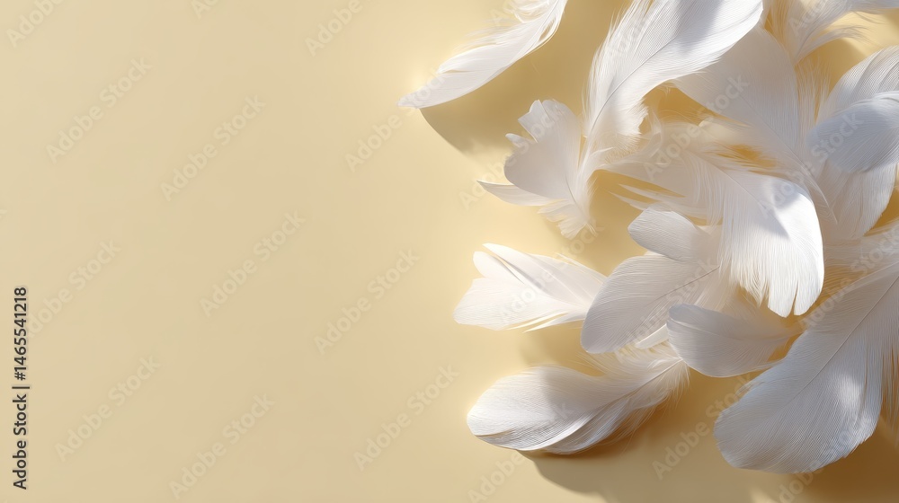 Poster delicate white feathers gently spread across a creamy beige surface, showcasing a minimalist aesthet