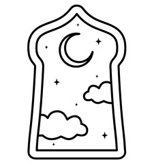 Mosque Window with Crescent Moon, Stars, and Clouds. Islamic Architecture, Night Sky View, Peaceful Spiritual Symbol, Ramadan or Eid Decoration, Religious Serenity in Middle Eastern Design