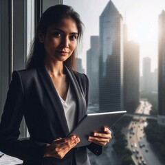 Fototapeta premium Confident businesswoman holding tablet in modern office skyline 