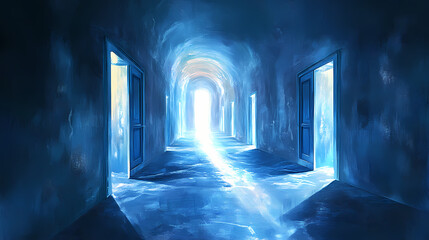 Endless blue hallway with doors and radiant light, a journey to the unknown. [Architectural Dreams] | Recursive Halls | infinite hallway. Illustration