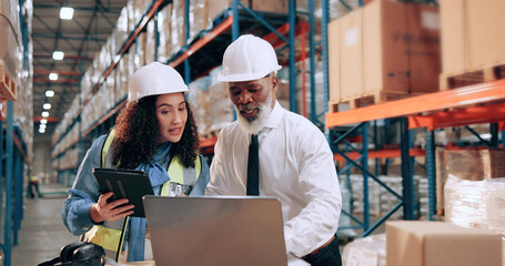 Man, woman and discussion at warehouse with laptop, logistics and tablet for supply chain...