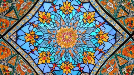 Vibrant Blue and Orange Mosaic Stained Glass Window Detail