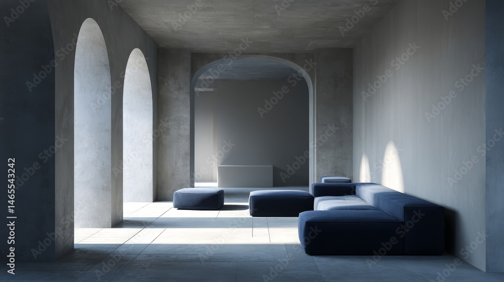 Fototapete frontal view of a minimalist room featuring a navy sectional, arched entryways, and neutral accents 