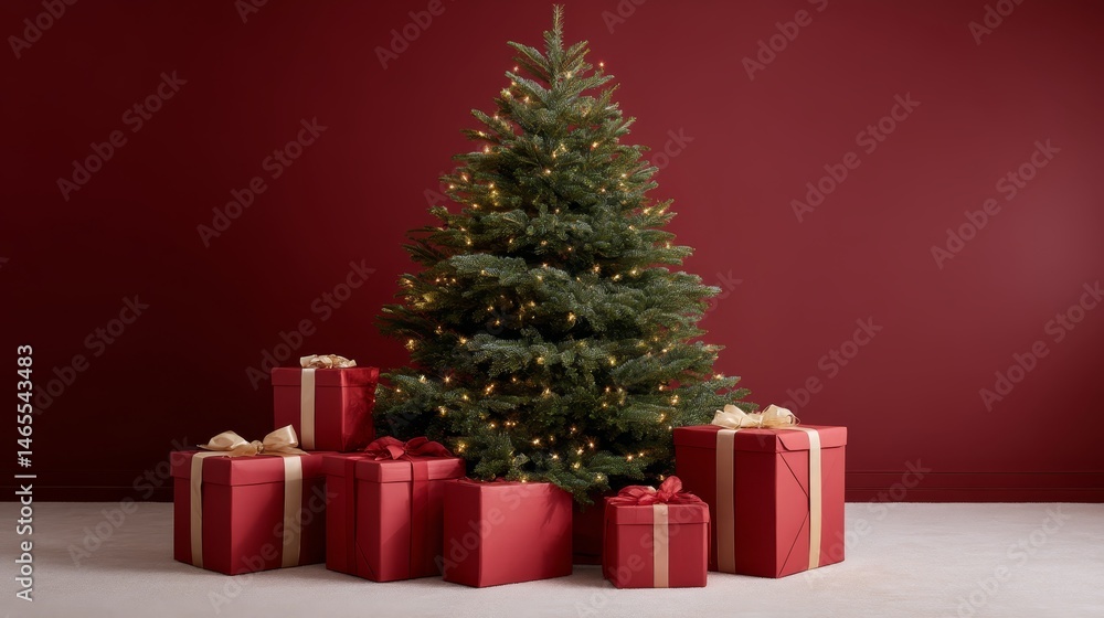 Poster frontal holiday display features a tall evergreen tree glowing with golden lights, surrounded by fes