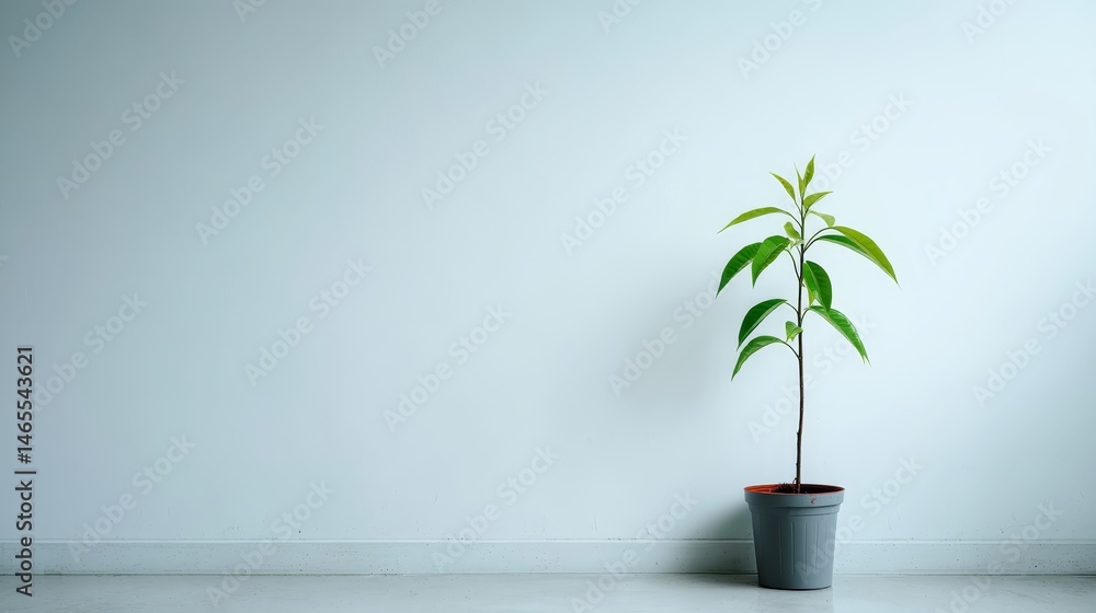 Poster a small green plant is centered in a minimal ceramic pot on a white surface, illuminated by soft stu