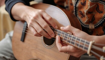 Fototapeta premium Person playing guitar and enjoying music indoors 