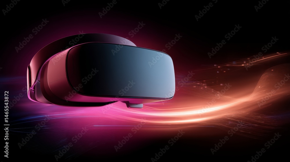 Poster a floating virtual reality headset illuminates a dark space with neon colors, surrounded by abstract