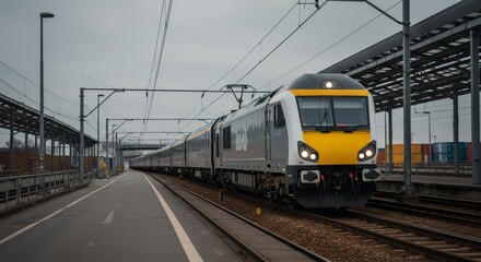 Obraz premium Train on the railway tracks at a station with overhead power lines and storage containers in the background. Transportation and travel concept.