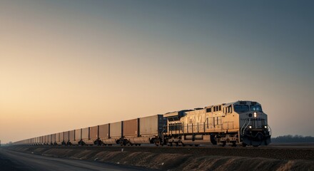 Fototapeta premium Long freight train transporting shipping container on railway track at sunset. Cargo transportation and delivery system. Supply chain concept.