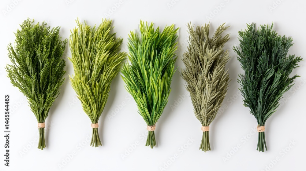 Poster Tall grass bunches in diverse heights and shades of green are arranged on a white background, creating a minimalist aesthetic with soft shadows and open space