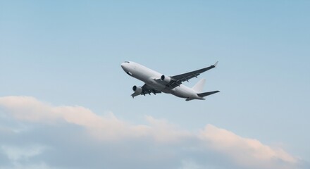 Fototapeta premium White commercial airplane soaring through a lightly clouded sky, symbolizing air transportation cargo logistics and global travel for various design purposes