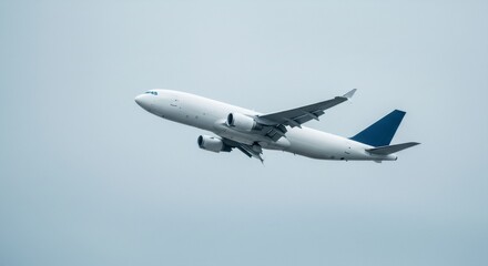 Fototapeta premium A white cargo plane is flying in a light blue cloudy sky during the day. Freight aircraft carrying goods for worldwide transport and logistics on a cloudy day.