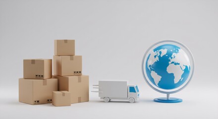 Deliver packages globally with box stack, truck, and world map globe. International shipping and logistics concept for online shopping or freight forwarding.