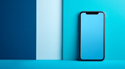 Modern smartphone stands upright against a vibrant blue backdrop, featuring a clean white screen and ample space for text or graphics on the right side