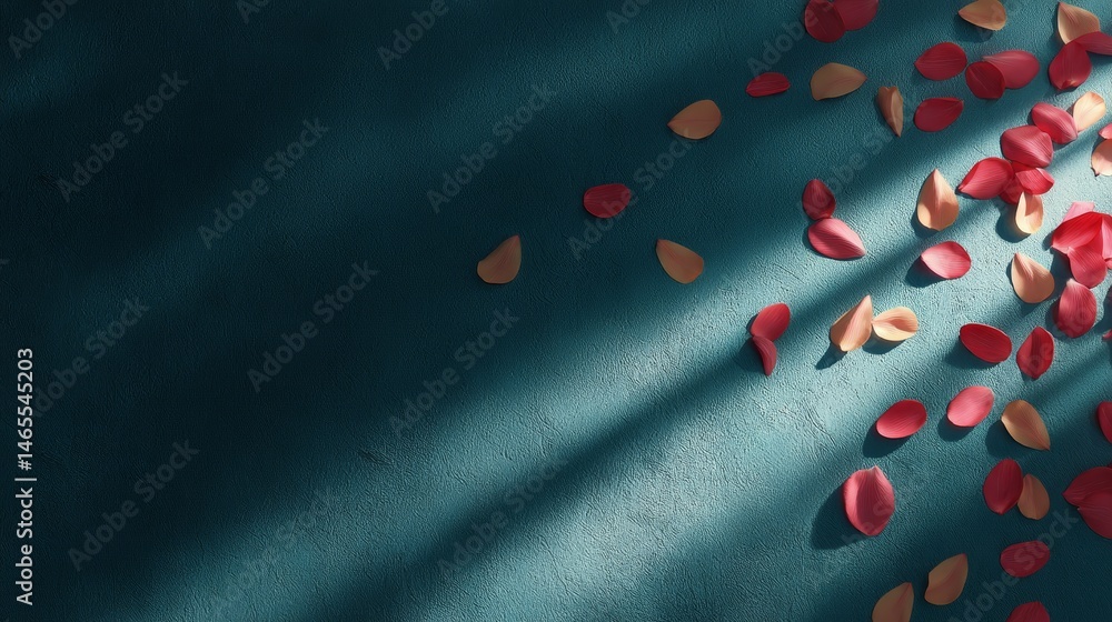 Poster colorful petals in shades of red and peach are artistically arranged on a textured teal surface, enh
