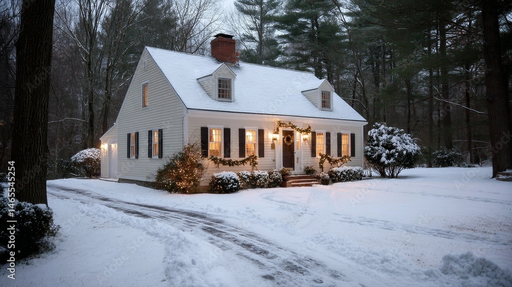 Poster front-facing view of a warm and inviting house decorated with glowing lights and garlands in a snowy