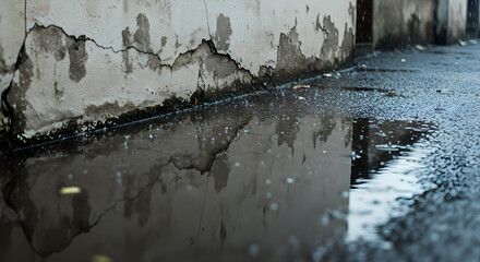 Reflection Of Weathered Wall With Cracks In Puddle During A Rainy Day