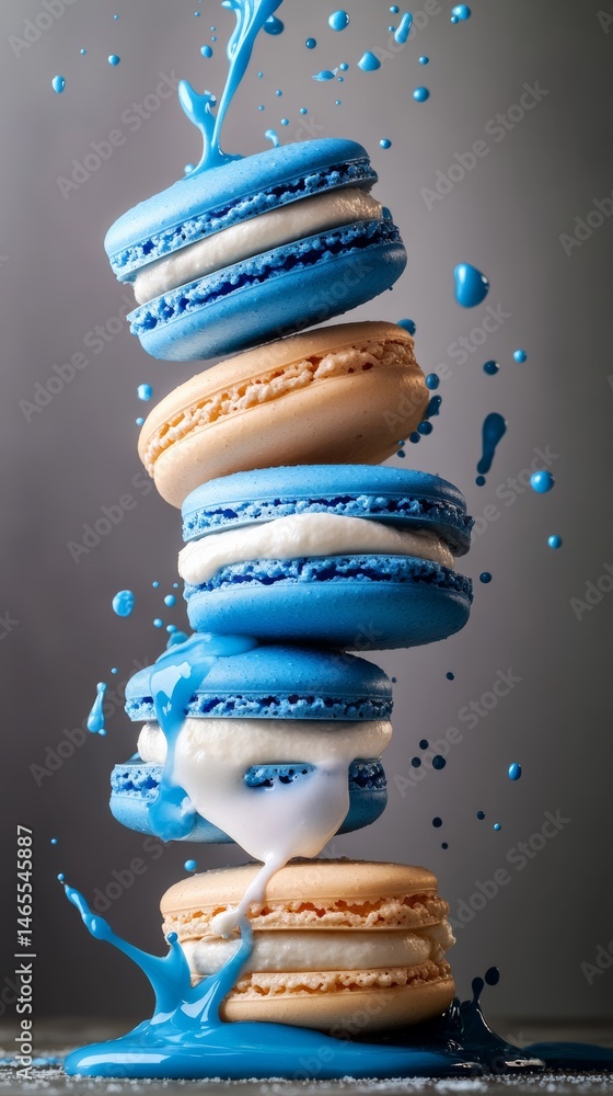 Aufkleber stack of blue and white macarons with blue icing dripping down. concept of creativity and artistry, 