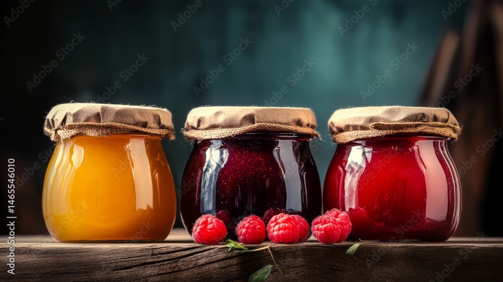 Poster three jars of different colored jams sit on a wooden table with raspberries on the table. the jars a