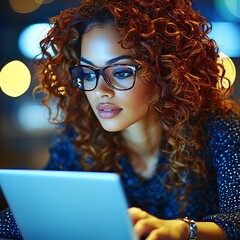 Woman with curly hair using laptop