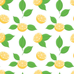 Vector Lemons seamless pattern with half cut lemons and lemon leafs on white background. Vector fruit green pattern. 