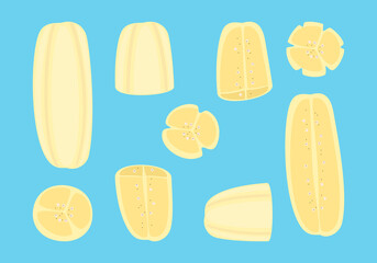 Vector illustration of a set of vegetables and fruits. Fresh banana, sliced, delicious—isolated elements on a blue background for an inspirational poster, motivational slogan on organic, vegan.
