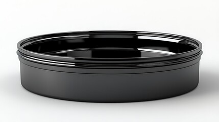 Glossy Black Round Container On White Surface Close Up Studio Photo