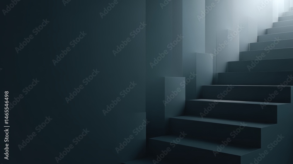 Poster A high-angle perspective captures a sleek black staircase featuring geometric lines under soft ambient light, with empty space on the left for visual balance