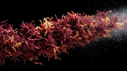 Chili flakes float in mid-air against a black background, showcasing vibrant colors and textures in a striking arrangement, with plenty of space for text