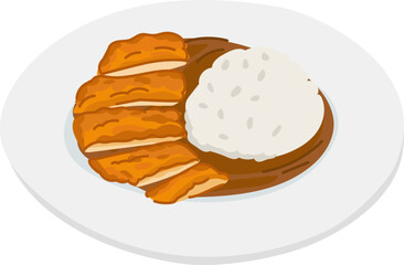 Katsukare pork curry rice cartoon Japanese food vector illustration