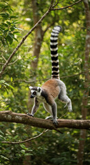 Fototapeta premium Ring-tailed lemur walking on a tree branch in lush forest, Madagascar wildlife in natural habitat