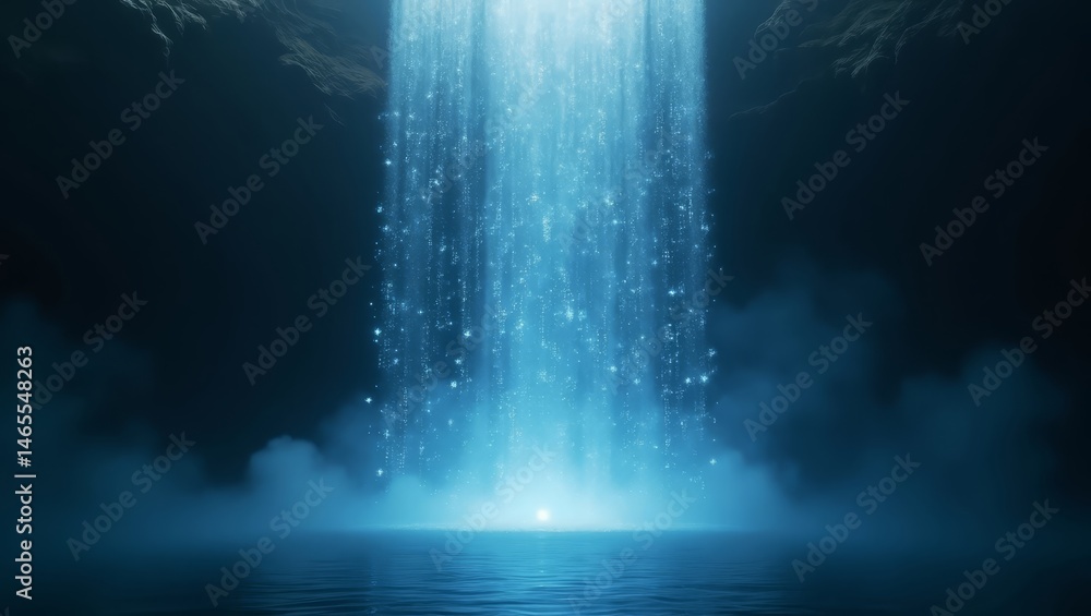 Poster glowing data cascade in cyber landscape – great for software and cloud platform concepts