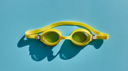 Isolated top-down view features vibrant swimming goggles equipped with adjustable straps and reflective lenses set against a solid turquoise background