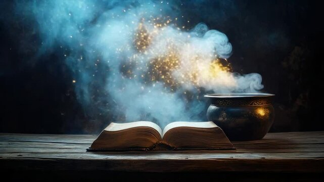 Open book and cauldron with smoke and sparks.