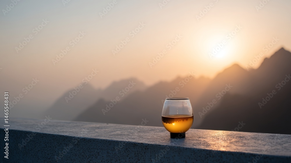 Aufkleber A glass orb rests on a ledge, capturing the warm tones of the evening sky while distant peaks create a serene backdrop under fading light