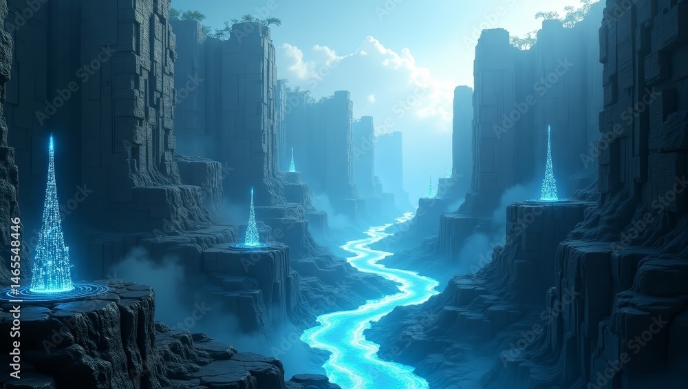 Poster futuristic tech landscape formed from information – ideal for infographic design and platform concep