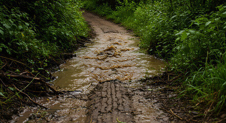 Obraz premium Flooded Forest Path After Rainfall Presents A Muddy Trail Challenge