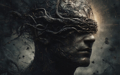 surreal male portrait with tangled cables and wires emerging from head, abstract concept art blending human introspection with technological or organic structures in dark contemplative mood
