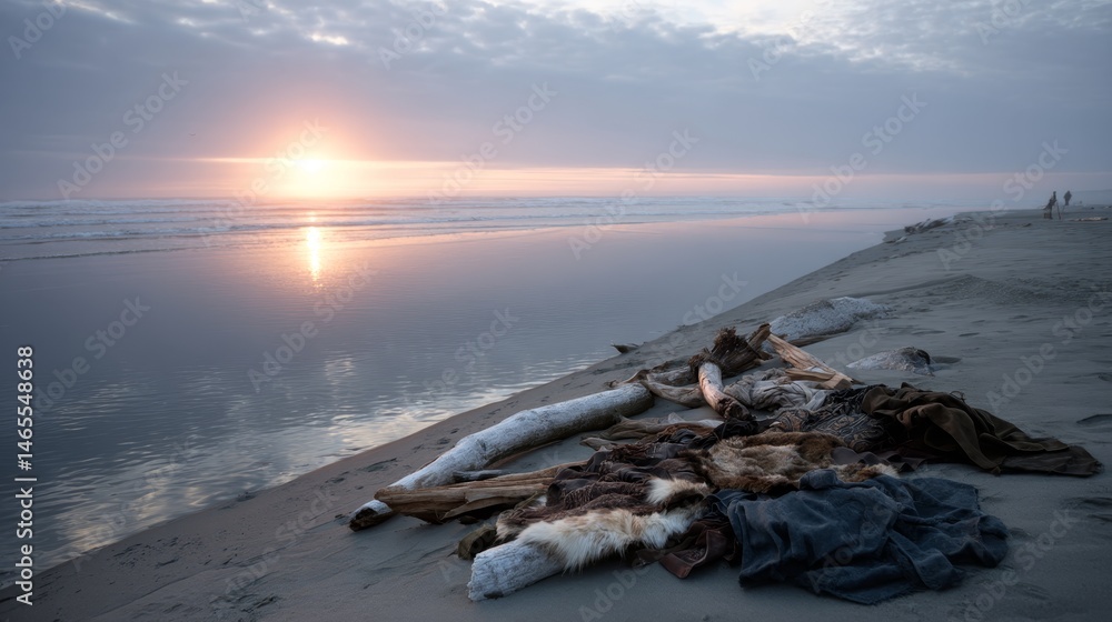 Poster glowing orange hues illuminate calm tidal pools while driftwood and textiles rest on the sand, creat