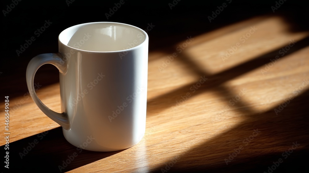 Aufkleber ceramic mug rests on a wooden tabletop, enveloped in deep shadow, while a narrow beam of warm light 