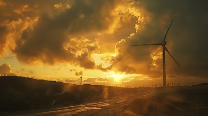 Wind turbines under a dramatic sky at sunset casting a golden glow over the landscape view scene nature .