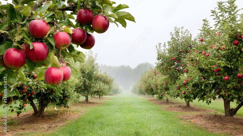 Poster Thick branches bend under clusters of ripe fruit in a wild orchard, softly illuminated by morning light with fog hovering above the fresh green grass