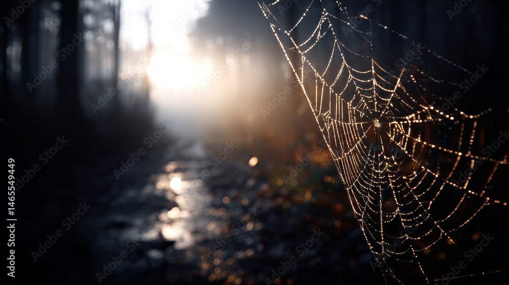 Poster a spiderweb adorned with dew drops sparkles in the sunlight within a moody forest. the strands glimm