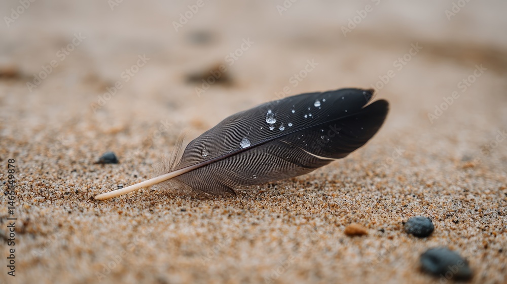 Poster a dark feather rests on a grainy surface, adorned with round droplets that reflect subtle highlights
