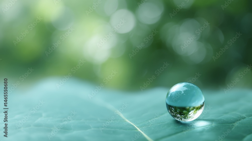 Poster A solitary water droplet sits on a vibrant green leaf, capturing the soft turquoise bokeh behind it, creating a serene and tranquil atmosphere