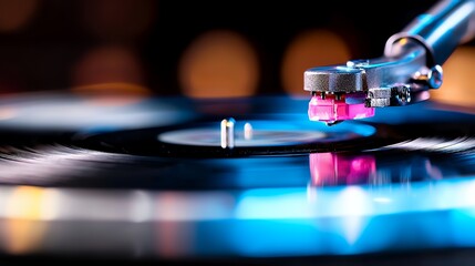 Record Player Playing Music Close Up with Stylus and Vinyl Record