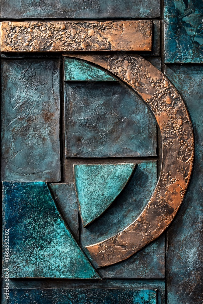 Aufkleber Abstract metallic wall art combining copper and verdigris tiles creating a textured surface