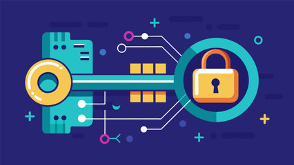 Obraz premium A digital key fitting perfectly into a digital lock sealing off a flood of confidential data.. Vector illustration