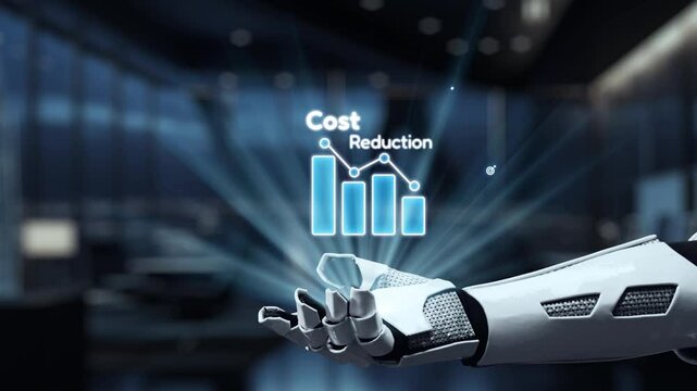 A futuristic robotic arm presents various cost reduction graphics and data visualizations within a modern office setting, emphasizing technology and innovation in business. Auvana